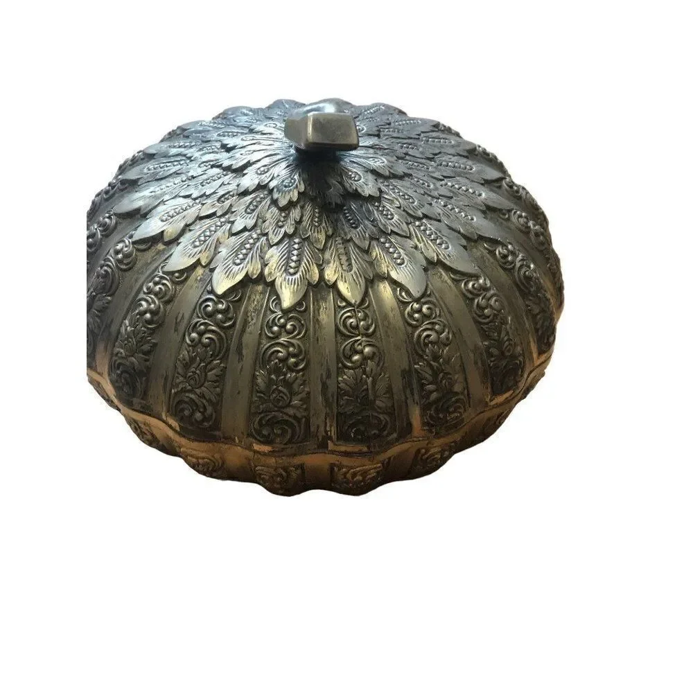 VTG Ornate Silver Metal Pumpkin Candy Dish Trinket Box With Lid Heavy